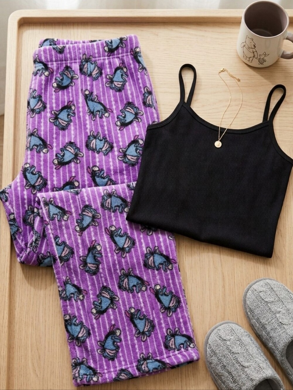 Disney Eeyore Winnie The Pooh Purple Fuzzy Stretchy Women's Pajama Pants Pjs